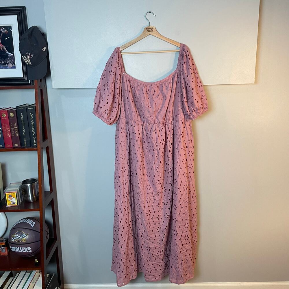 NWT Eloquii Eyelet Detail Tie Front Puff Sleeve Maxi Dress Pink Mauve SZ 28 NEW - Picture 16 of 16